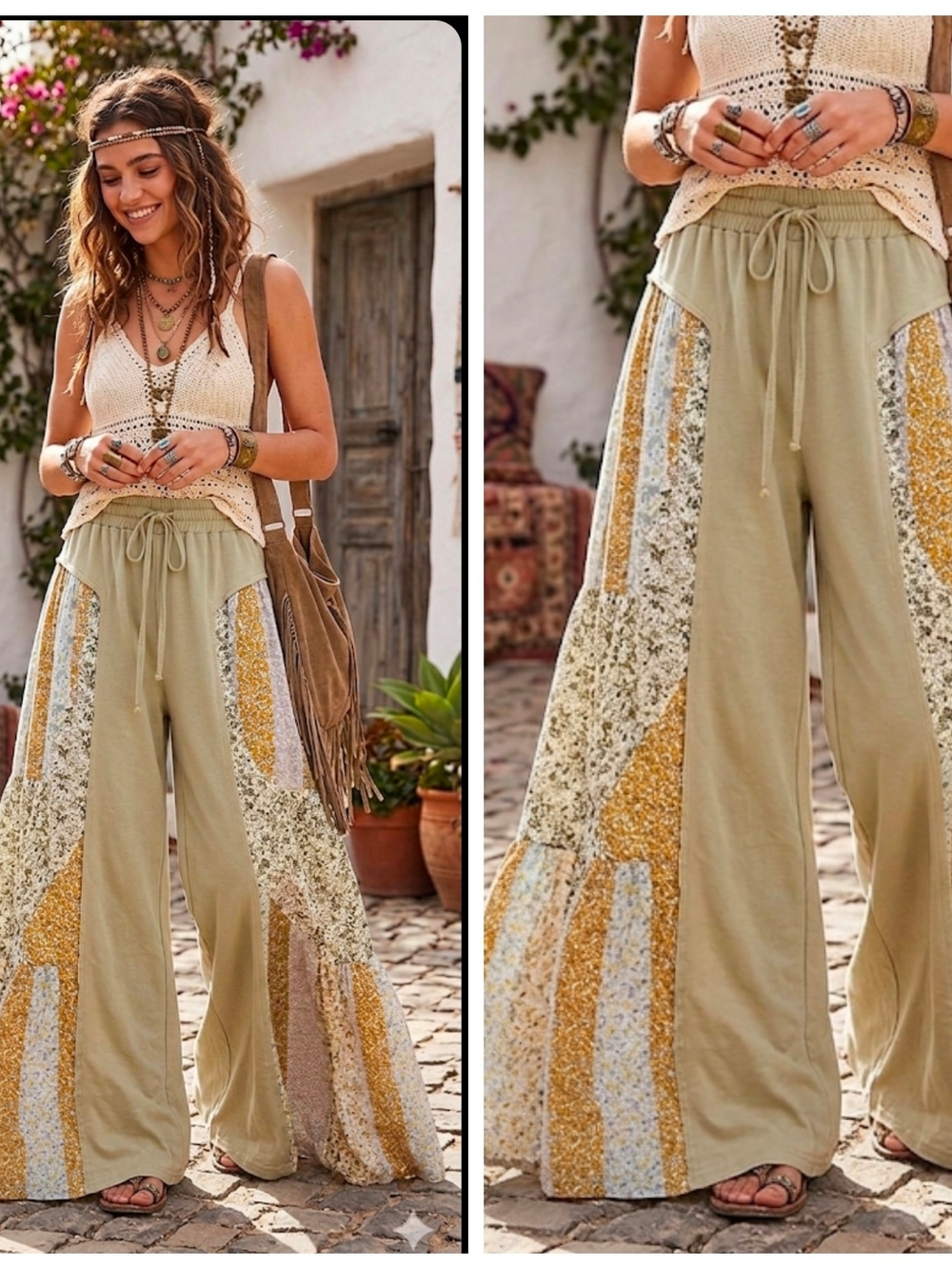 Bohemian Floral Patchwork Wide-Leg Pants - Olive